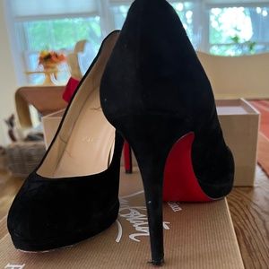 Christian Louboutin 100 Veau Velours Black Stilletto Heels w Platform Suede